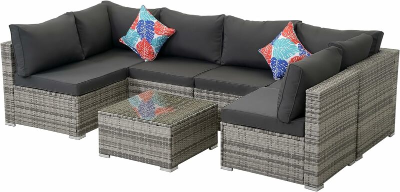 Set Sofa anyaman rotan PE, 7 buah set percakapan furnitur teras semua cuaca dengan meja teh dan bantal