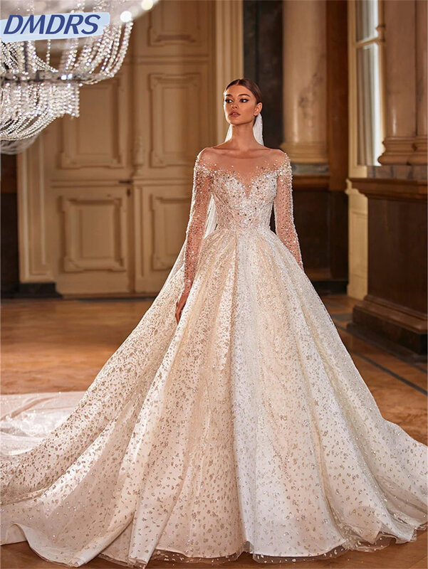 Luxuoso vestido de noiva frisado lantejoulas, elegante vestido de noiva, glamoroso manga longa, veste de noiva, 2024