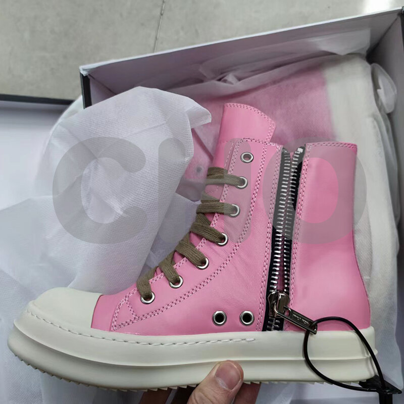 Merek High Street Rick Sepatu High Top Board Sneakers Owens Sepatu Kasual Kulit Pink Pria Sepatu Sneakers Pria Sepatu Wanita