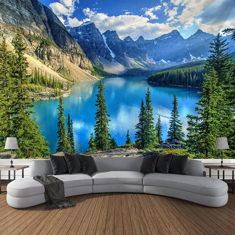 Naturalne góry jezioro drzewo iglaste krajobraz gobelin ściana wisząca sypialnia salon dekoracja domu