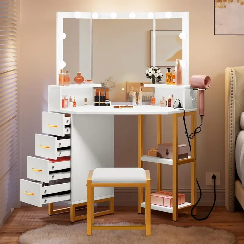 Vanity Desk with Lights, Power Outlet, 3 Color Options, Storage Drawers, Shelves, Stool
