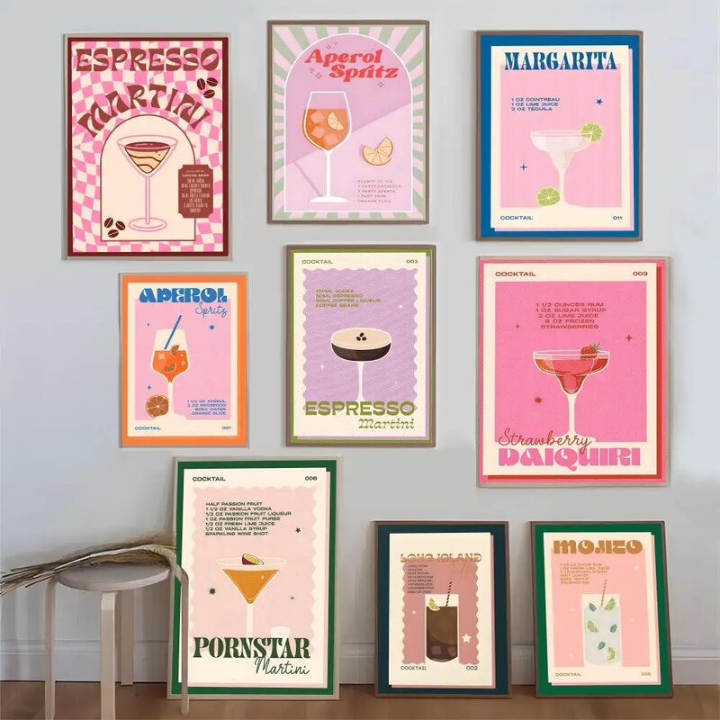 Carteles coloridos de bebida de cóctel, impresiones de papel Kraft Vintage, decoración de pared de arte, pintura estética, hogar, habitación, cafetería, Bar