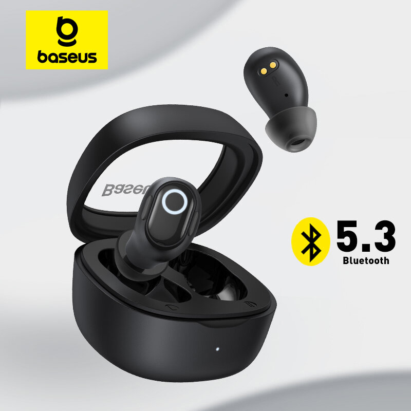 Baseus WM02 earphone Bluetooth 5.3, earphone nirkabel TWS, headphone Mini dan kompak nyaman dipakai, baterai tahan lama 25 jam