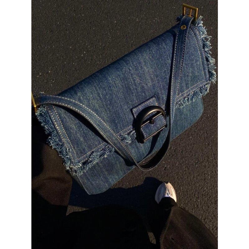 Bolsa de mensageiro jeans estilo casual, leve retrô de viagem Hobo, bolsa sólida para celular, fêmea