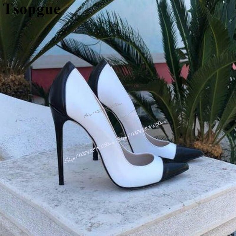 Red And Black Leather Patchwork Shallow Pumps Thin High Heel Women Shoes Slip-On Pointed Toe 2024 Fashion Zapatos Para Mujere