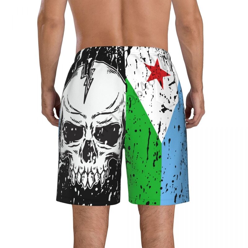 Djibouti Flag Vintage Skull Men's Novelty Swimtrunks Quick Dry 3D Printed Mesh Lining Beach Board Shorts with Pockets