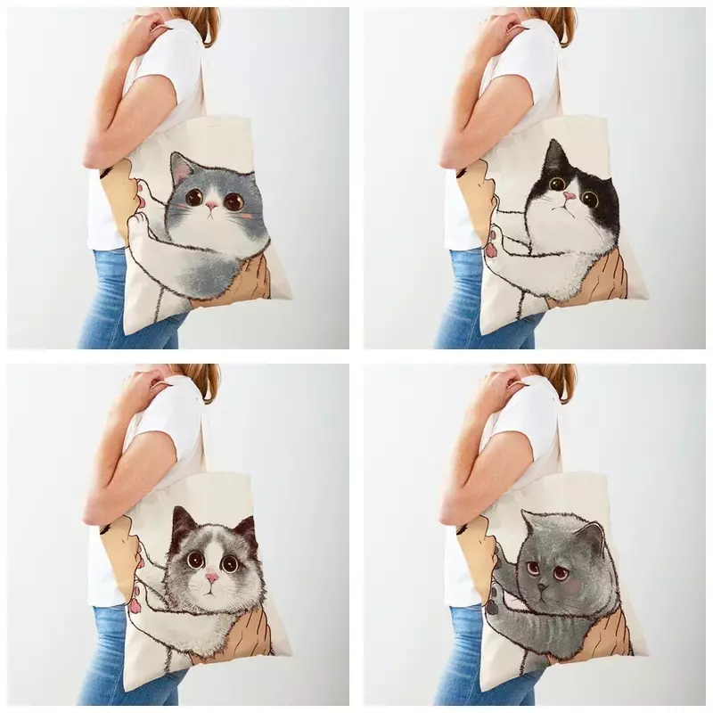 BBA171 borsa Shopper su entrambi i lati divertente cartone animato gatto Casual donna Shopping Bag riutilizzabile carino Pet Animal Canvas Lady