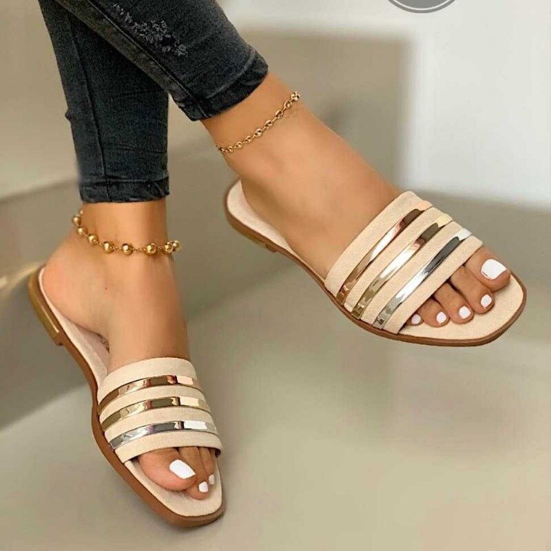 Women Slippers 2024 New Metal Striped Summer Flat Shoes Fashion Slip on Slides Outdoor Female Casual Women Sandals  Size 35-43
