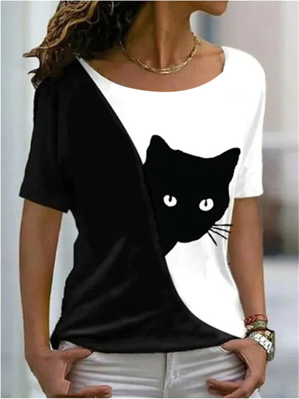Женская футболка с принтом в виде кошки, Повседневная футболка с круглым вырезом, пуловер на каждый день, уличная одежда, лето 2022