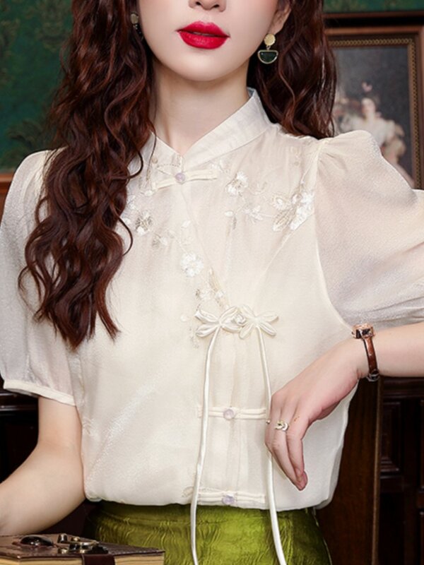 Kaus renda sifon lengan pendek wanita, atasan blus longgar bordir bunga gaya China, Kaus musim panas renda untuk perempuan