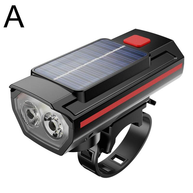 Solar Bike Front Lamp with Horn Dual Lamp Beads Super Waterproof Brighteness Night Cycling Headlight Bicycle Safety Warning D0I4