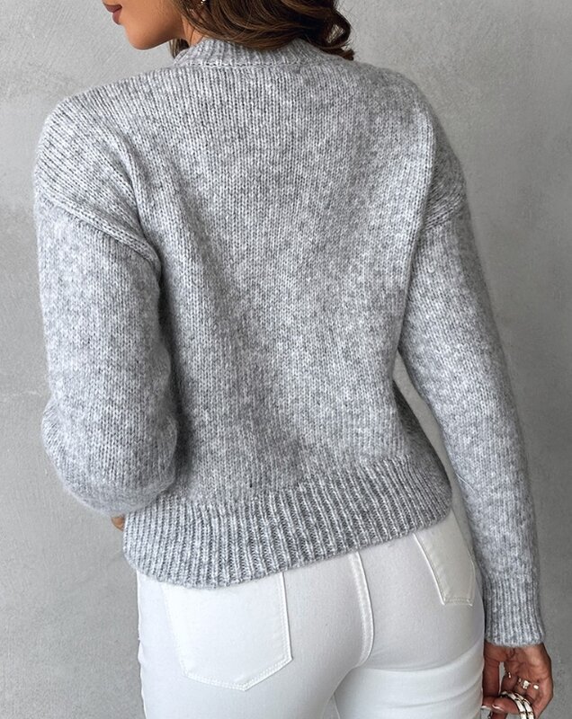 Suéter feminino de malha de manga comprida com gola em O, pulôveres cravejado de pérolas, suéter casual diário, moda inverno, 2023