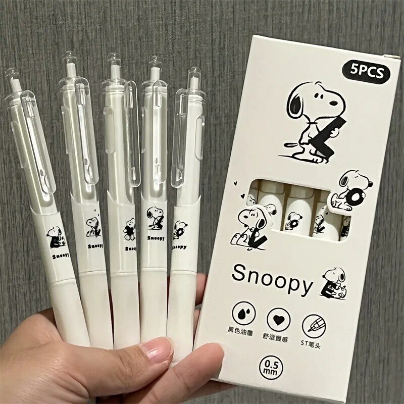 5 Stuks Snoopy Intrekbare Balpen 0.5Mm Cartoon Zwarte Handtekening Pennen Kantoor Briefpapier Kind Student Klasse Beloning Geschenken