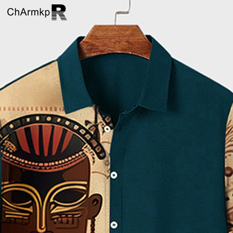 ChArmkpR 남성용 반팔 셔츠, 턴다운 칼라, 단추 업 셔츠 패턴, 패치워크 상의, 스트리트웨어, 2024 여름 패션