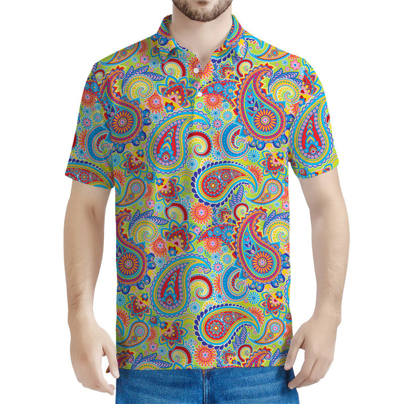 남성용 다채로운 보호 페이즐리 3D 프린트 폴로 셔츠, 꽃무늬 반팔, 여름 라펠 티, 캐주얼 단추 폴로 셔츠
