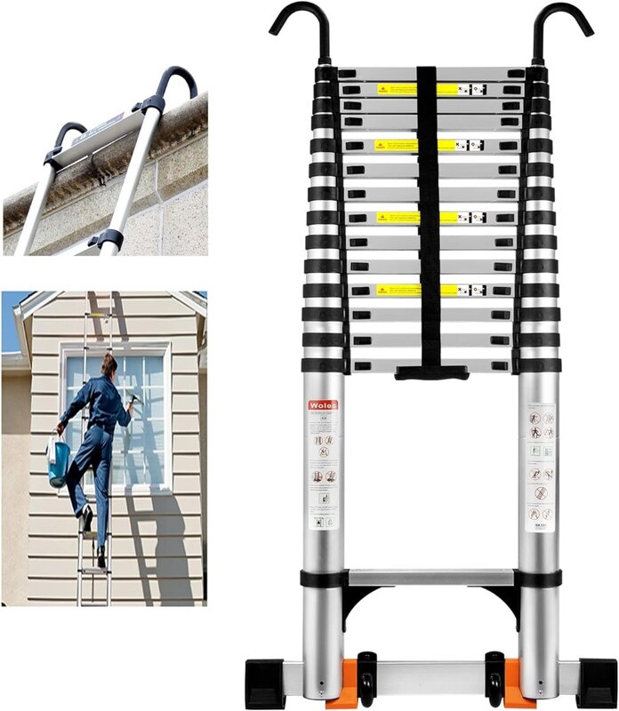 Wolec 19FT Telescoping Ladder with 2 Detachable Hooks,Reinforced Anti-Pinch Telescopic Ladders with 2 Triangle Stabilizers