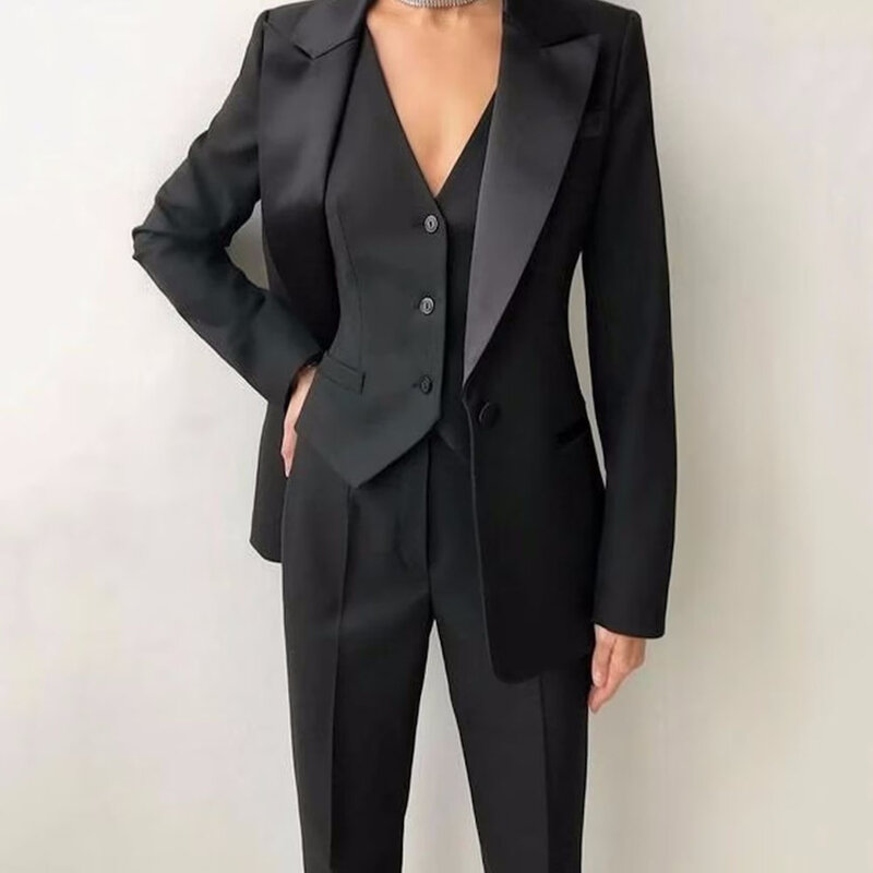 Traje negro Simple de 3 piezas para mujer, chaleco de abrigo de algodón de diseñador hecho a medida con un solo pecho, pantalón hecho a medida