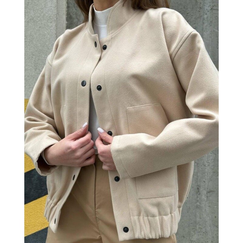 Women Bomber Jacket Spring Autumn Coat Single-breasted Long Sleeve Office Ladies Clothing Stand Collar Pockets Loose Outerwear
