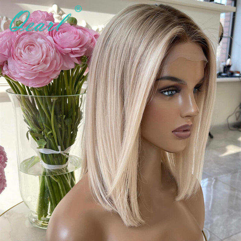 Парики блонд из человеческих волос с короткими плечами, 13x4 HD фронтальные искусственные волосы с эффектом омбре, цветные безклеевые, с топом, для женщин, QEarl