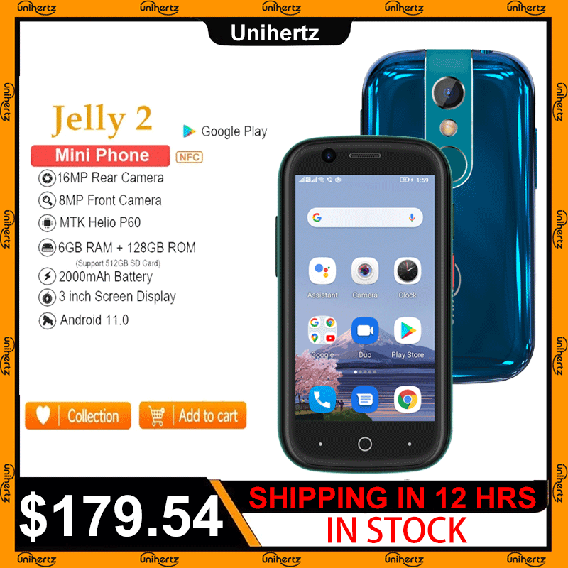 Unihertz-Jelly 2 Smartphone pequeno, Celular, Dual SIM, Helio P60 Octa Core, Android 11, 6GB, 128GB, 16MP, 2000mAh bateria