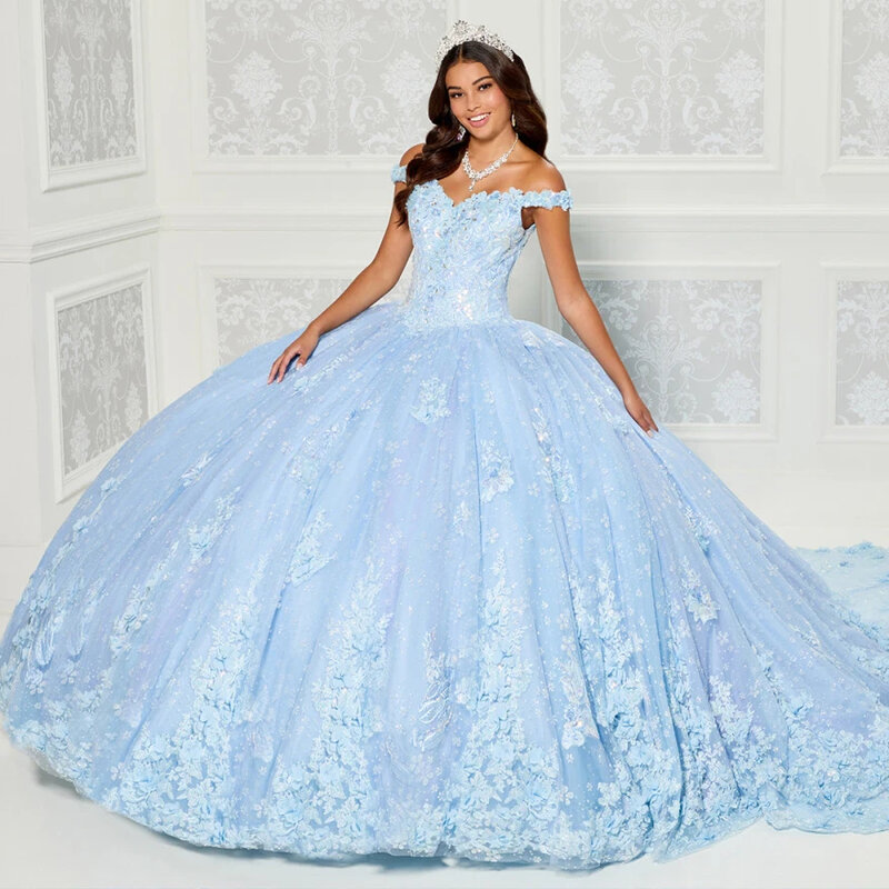 Lorencia blau Quince anera Kleid aus Schulter Applikationen Blumen Spitze Perlen Ballkleid Korsett süß 16 vestidos de 15 años yqd561