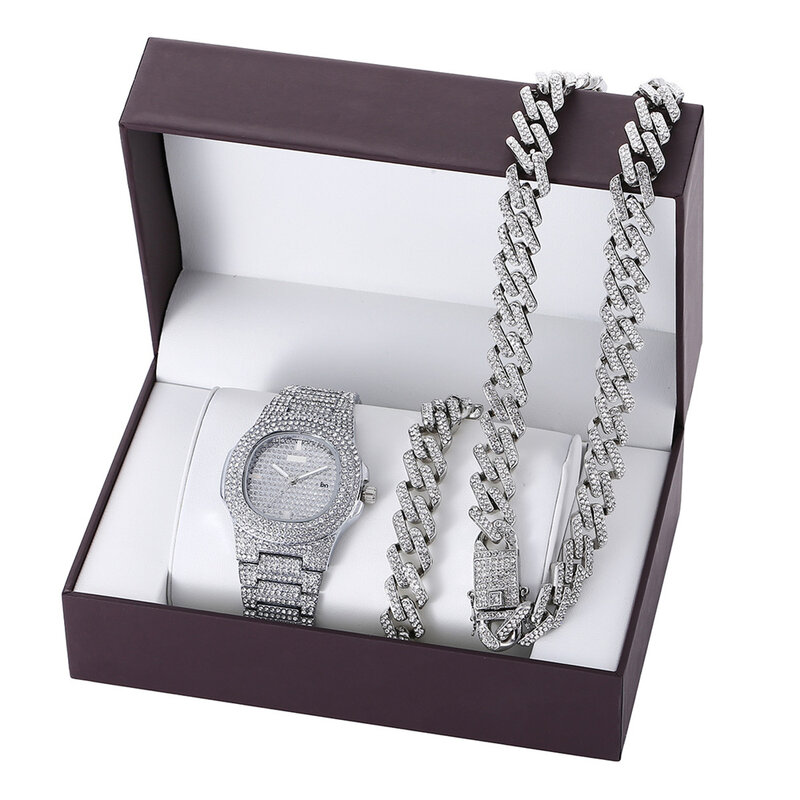 2024 luksusowe 3 sztuk/zestaw męskie pudełko zestaw zegarków Hip Hop kubański łańcuszek oblodzony naszyjnik zestaw bransoletek cyrkonie błyszczące biżuteryjne dla mężczyzn