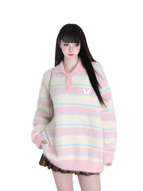 Свитер женский полосатый с отложным воротником, Молодежный мешковатый нежный модный джемпер в стиле нормкор, Y2K, весна-осень