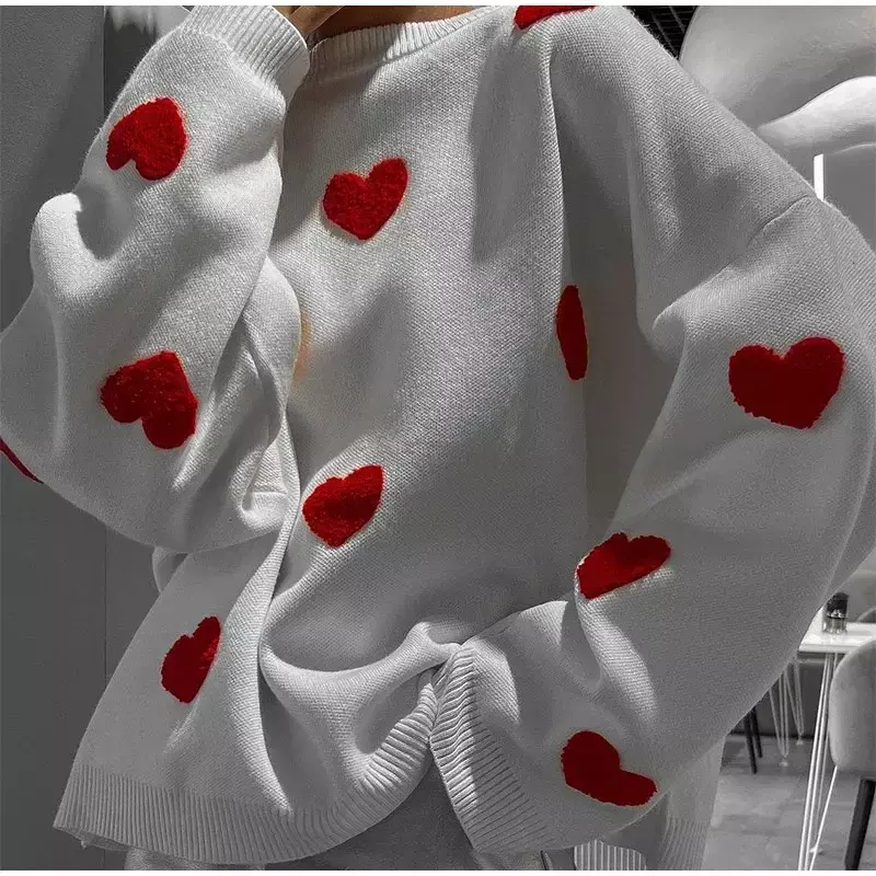 Sweater wanita, Harajuku Sweater mode Amerika bordir cinta hati leher O, sweater rajut streetwear ukuran besar