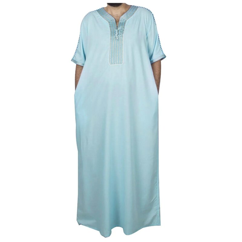 2024 lato muzułmański Thobe dla mężczyzn Jabador Gandoura boczne kieszenie haft Abaya z długim rękawem muzułmański Kaftan Vintage jednolita szata