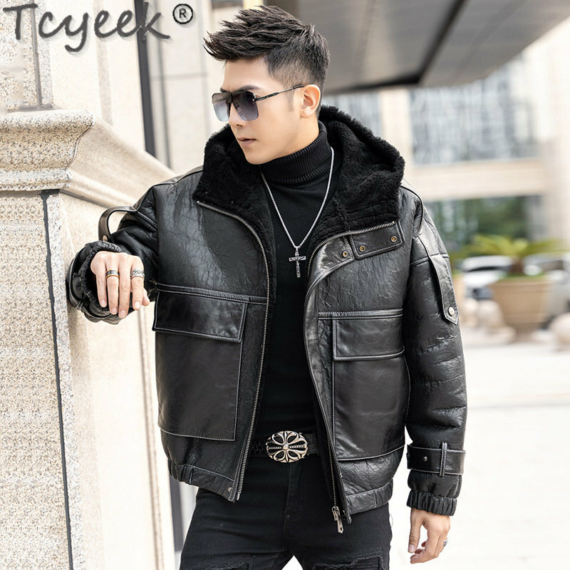 Tcyek 남성용 후드 천연 양가죽 모피 재킷, 짧은 루즈 정품 가죽 재킷, 따뜻한 진짜 모피 코트, 겨울 의류, 신상