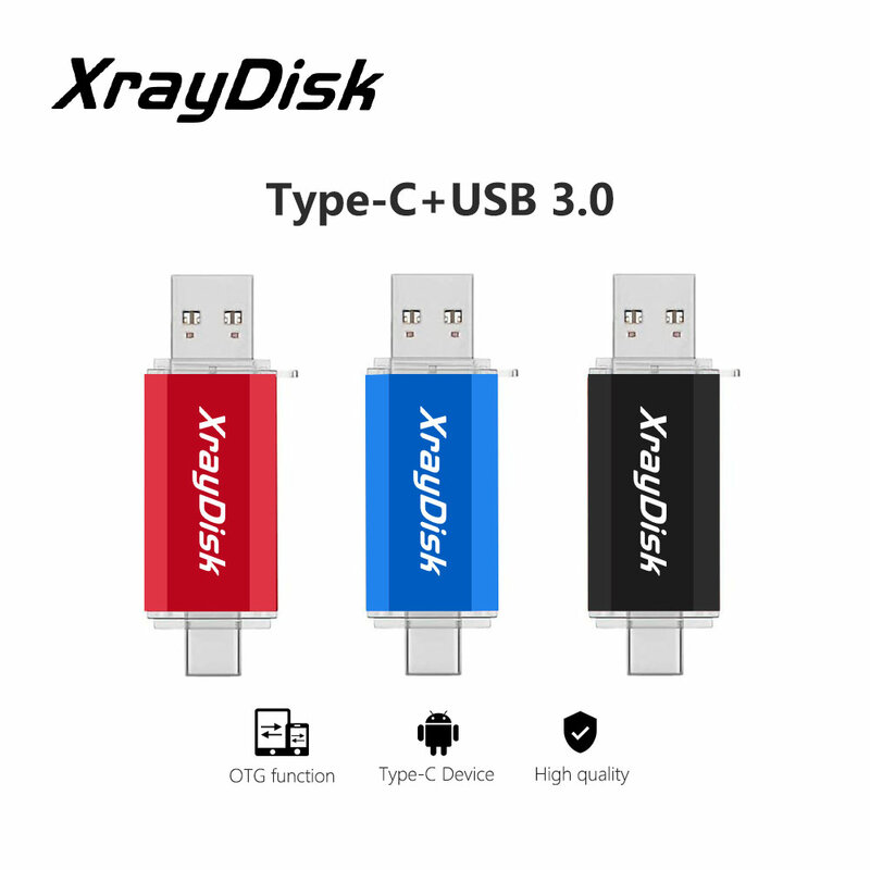 Xraydisk Usb C نوع C فلاش حملة 32 جيجابايت 64 جيجابايت 128 جيجابايت 256 جيجابايت 2 في 1 Otg USB 3.0 محرك أقراص على شكل إبهام ذاكرة عصا مع بيانات التخزين الخارجية