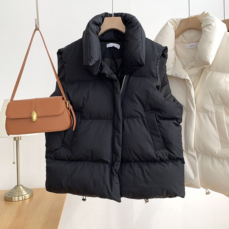Colete de algodão sem mangas feminino, casaco quente, gola em pé, outerwear solto, outono, inverno
