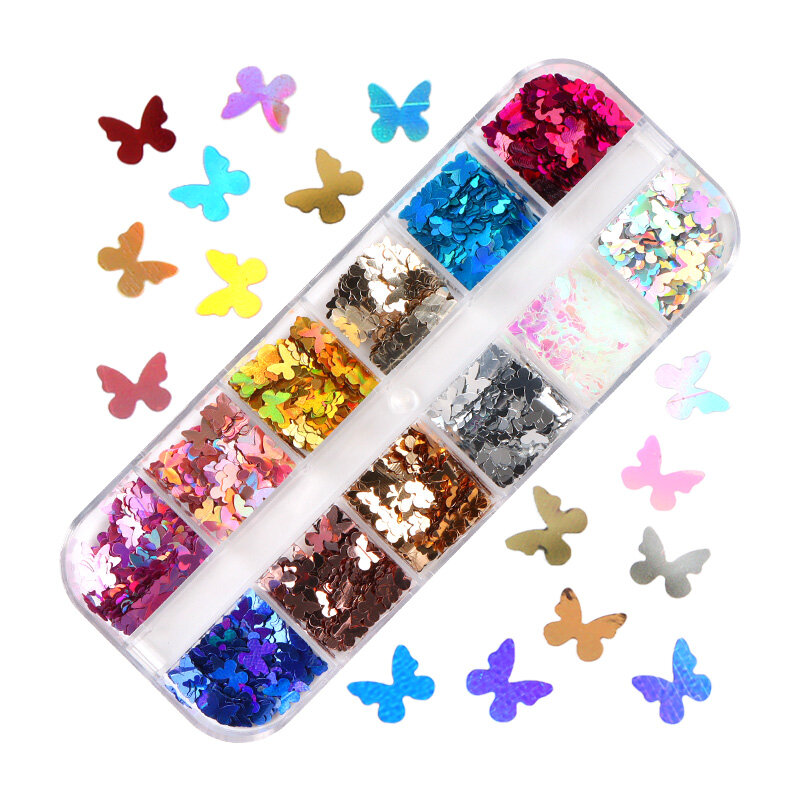 형광 나비 하트 과일 다양한 모양 네일 아트 반짝이 조각 3D 다채로운 장식 조각, 폴리쉬 매니큐어 네일 장식