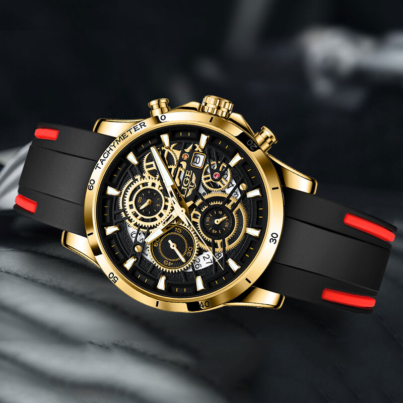LIGE Relógios De Luxo Para Homens Moda Silicone Strap Militar Impermeável Esporte Cronógrafo Quartz Relógio De Pulso Relogio masculino + CAIXA