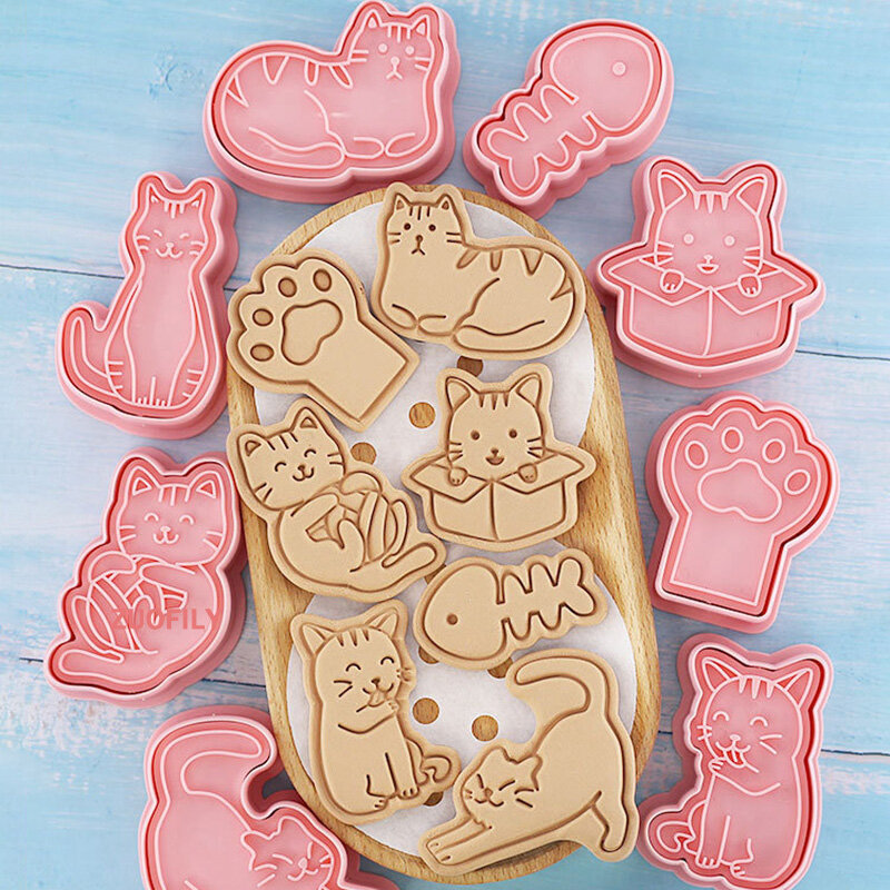 8 Cái/bộ Khuôn Cắt Cookie Tem Hình Mèo Khuôn Làm Bánh Nướng Bánh Quy Động Vật Chạy Vương Quốc Bánh Quy Bánh Loại Trang Trí Bánh Quy dao Cắt