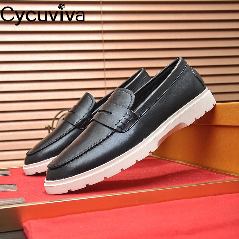 New Cow Leather Flat Causal Shoes Men Slip On Spring Loafers Brand Bussiness Shoes For Men Platform Flat Round Toe Male Seankers