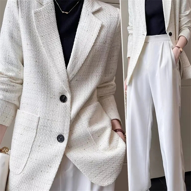 여성용 긴팔 싱글 브레스트 단추 체크 무늬 세트 코트, 캐주얼 블레이저, 가을 겨울 재킷, 인기 2024 신상 패션