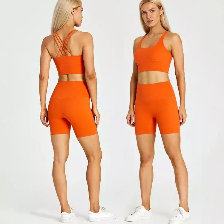Lemon  2 Piece Nylon Gym Yoga Sets Sexy 5" V Waist Shorts and Sport Bra Elastic Running Short Workout Bottoms Sports Sets