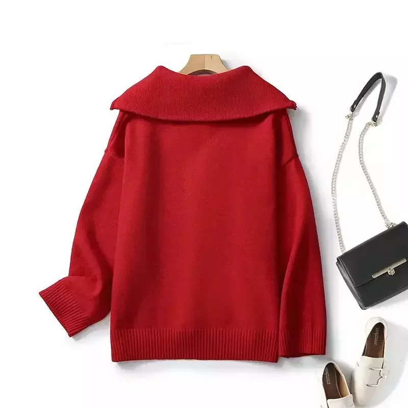 Suéter de malha de duas cores feminino, zíper lapela grande, pulôver retrô casual de mangas compridas, blusa chique, moda outono, 2023