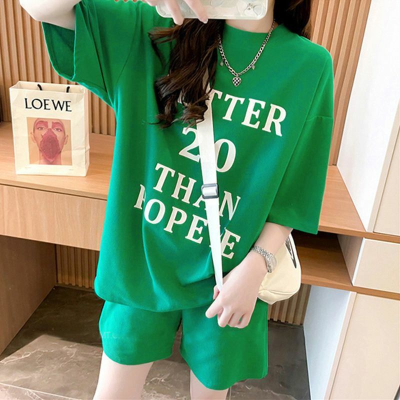 Women's Fashion Sports Suit 2023 Summer New Korean Loose Short-Sleeved Crop Tops Shorts Two Piece Set For Women Running Clothing
