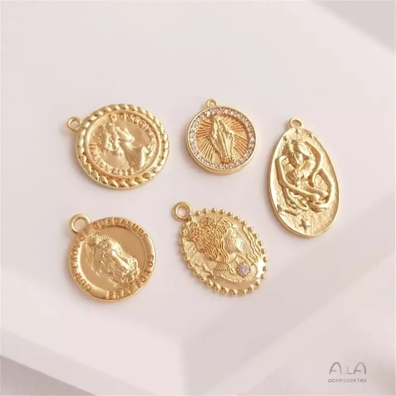 Tas emas 14K gantung dengan koin emas potret Retro gaya Eropa dan Amerika, liontin jimat Kepala Ratu Maria K129