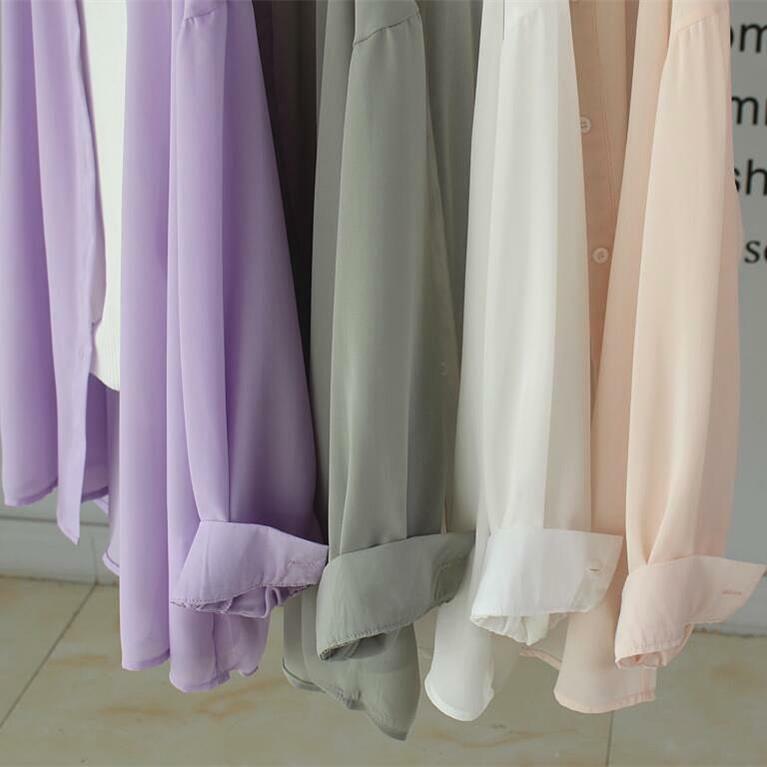 Blusa solta de manga comprida feminina, camisas vintage, tops de chiffon de cor sólida, camisa protetor solar, verão, R41, 2024