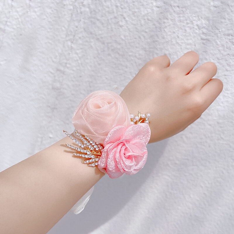 Bracelet en Satin Rose pour Demoiselle d'Honneur, Fleurs, Perles, Strass, Boutonnière, Tissu, Fleurs à Main, Accessoires de ixde Mariage, Bol