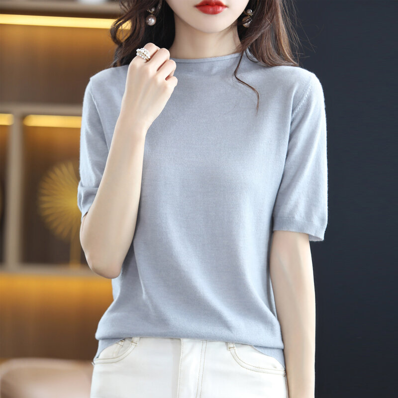 여자의 얇은 스웨터 압연 가장자리 스탠드 칼라 양모 짧은 소매 디자인 작은 상단 22 여름 새로운 모든 일치 한국어 버전의 감각