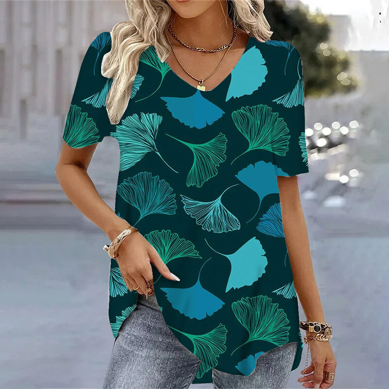 Kaus wanita lengan pendek leher-v, t-shirt motif Bohemia 3d, atasan blus gaya Hawaii, pakaian musim panas