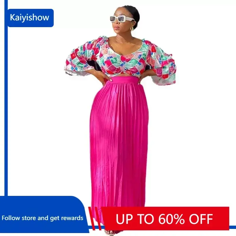 African Clothes for Women Autumn Spring 2 Pieces 3/4 Sleeve Print Top Long Pleat Skirt Matching Sets Dashiki African Clothing
