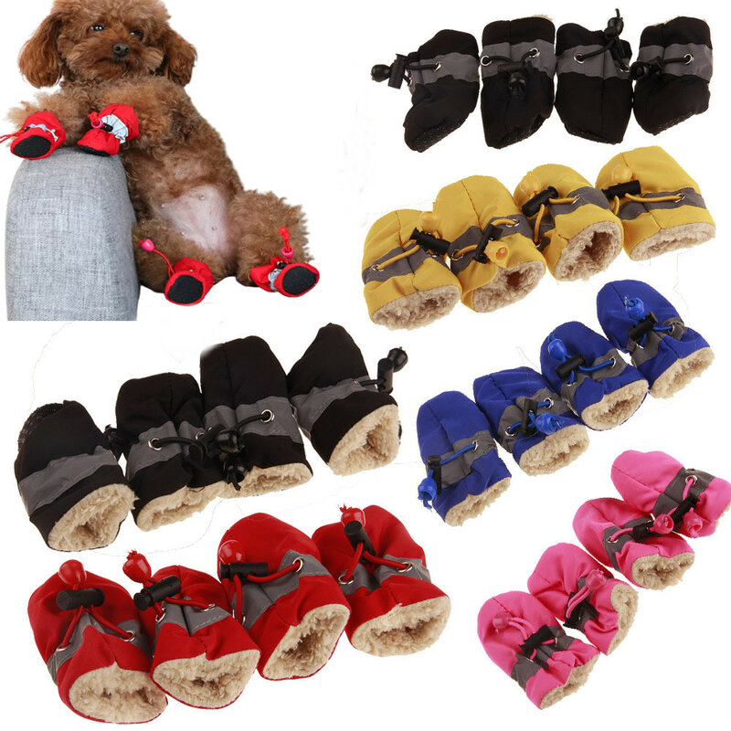 4 pçs antiderrapante filhote de cachorro sapatos de inverno à prova dwaterproof água pet cão anti-deslizamento chuva botas de neve calçados grossos quentes para prewalkers meias botas