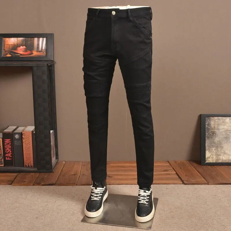 Pantalones vaqueros elásticos para hombre, Jeans ajustados de estilo Hip Hop con bolsillo y cremallera, color negro, moda urbana