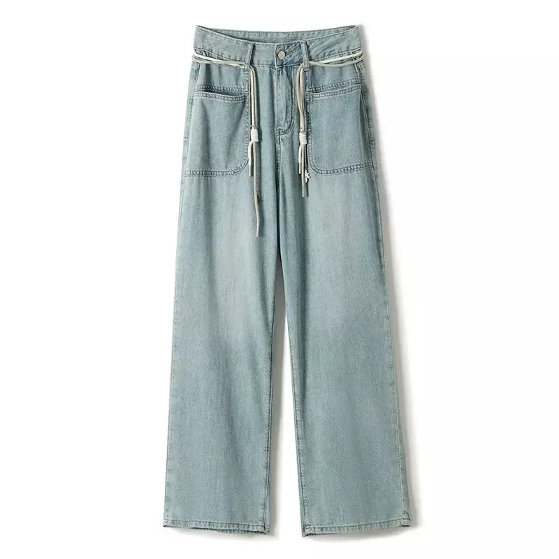 2023 Summer New Tencel Jeans Thin Women's Straight Leg High Waist Slim and Versatile Belt Light Color Wide Leg Pants