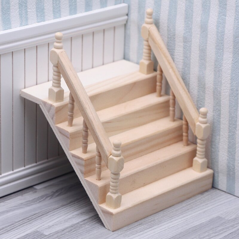 Escalera de madera en miniatura para casa de muñecas, barandilla sin pintar, modelos de escalera, muebles de jardín de hadas, juguete de Micro paisaje, 1:12